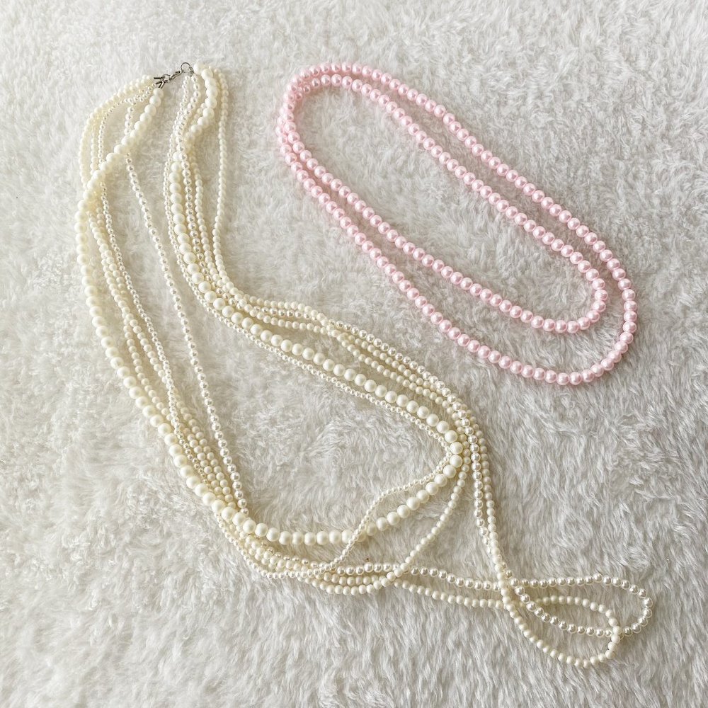 Vintage Faux Pearl Long Necklace, Set of 2, Cream/Pink